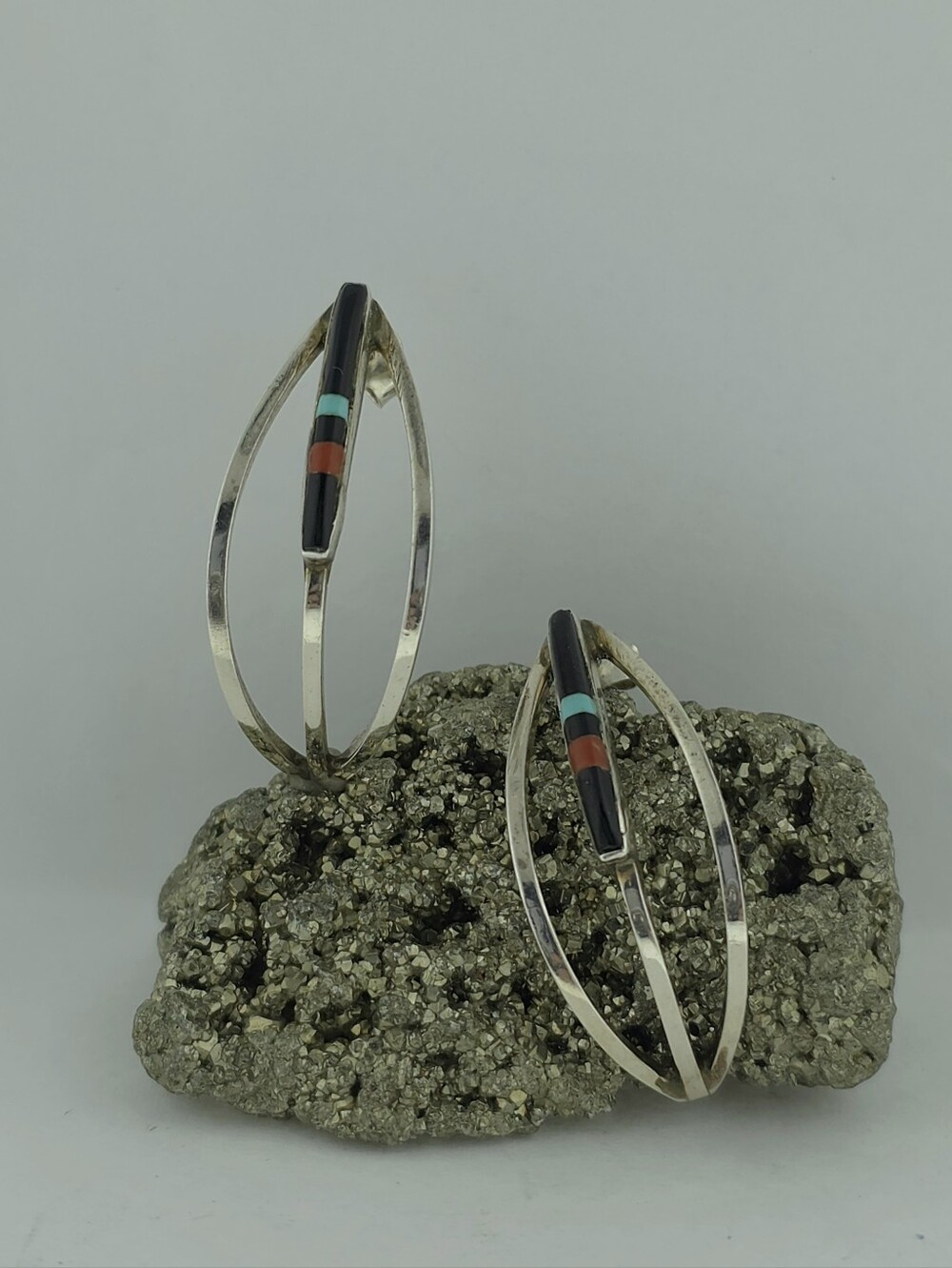 Sterling Silver Open Oval Earrings with Onyx, Turquoise & Coral Inlay